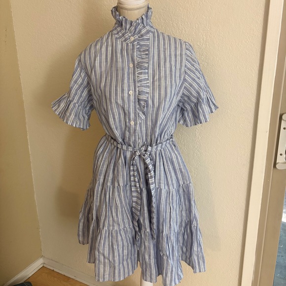 Mille Resort Dresses & Skirts - MILLE Resort Violetts Blue Striped Linen Dress Size Small Ruffle